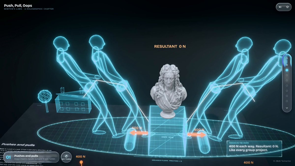 Opus 5.5 做 3D 全息牛顿定律互动书