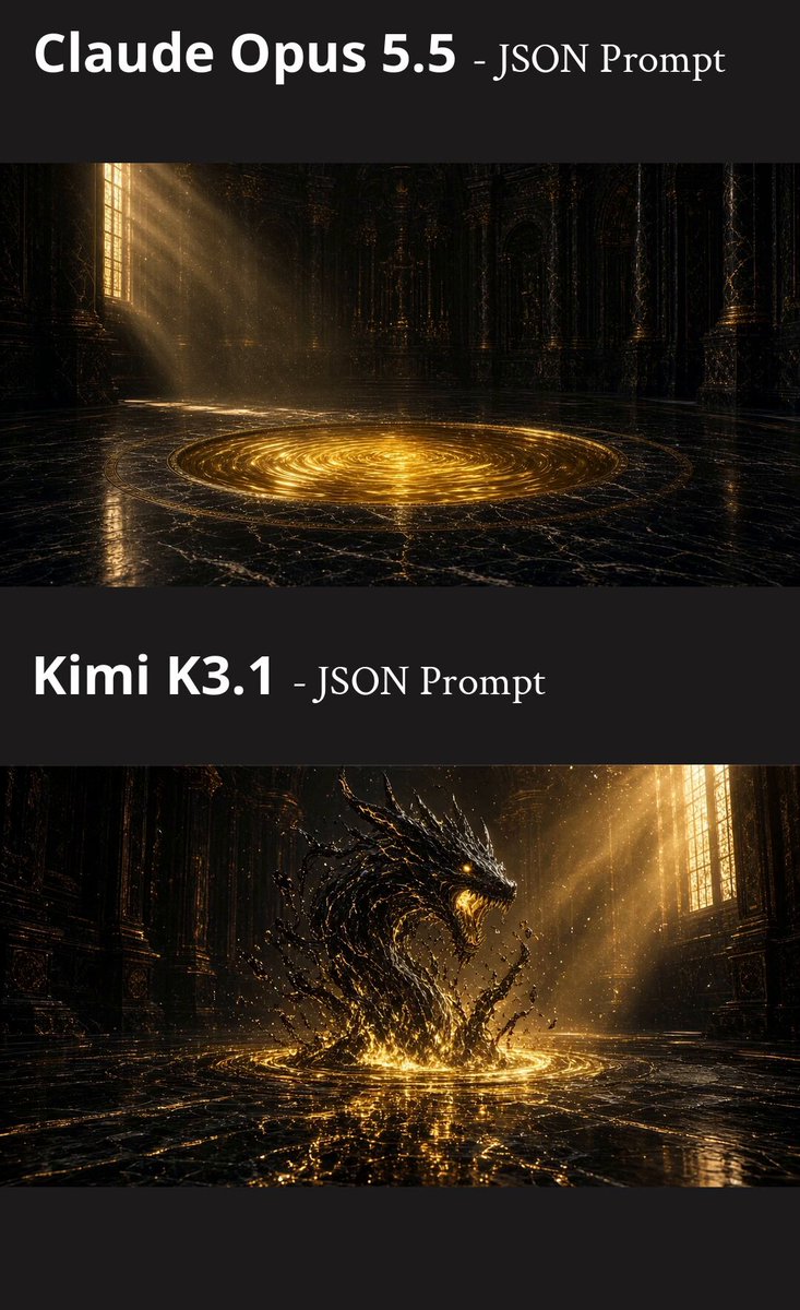 Claude Opus 5.5 cinematic scene from one JSON prompt, compared with Kimi K3.1