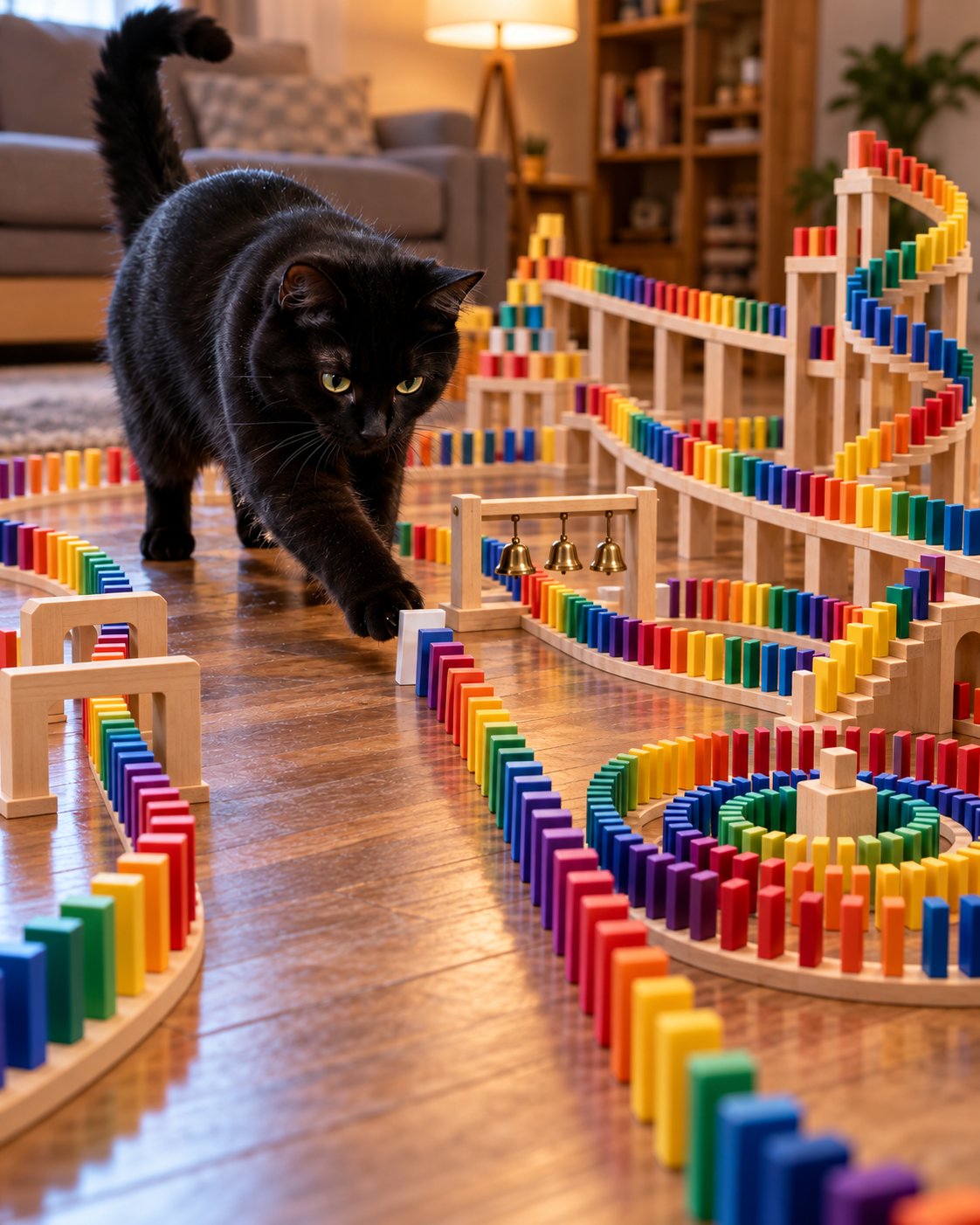 GPT-Image 2.5 renders a domino-toppling opening scene