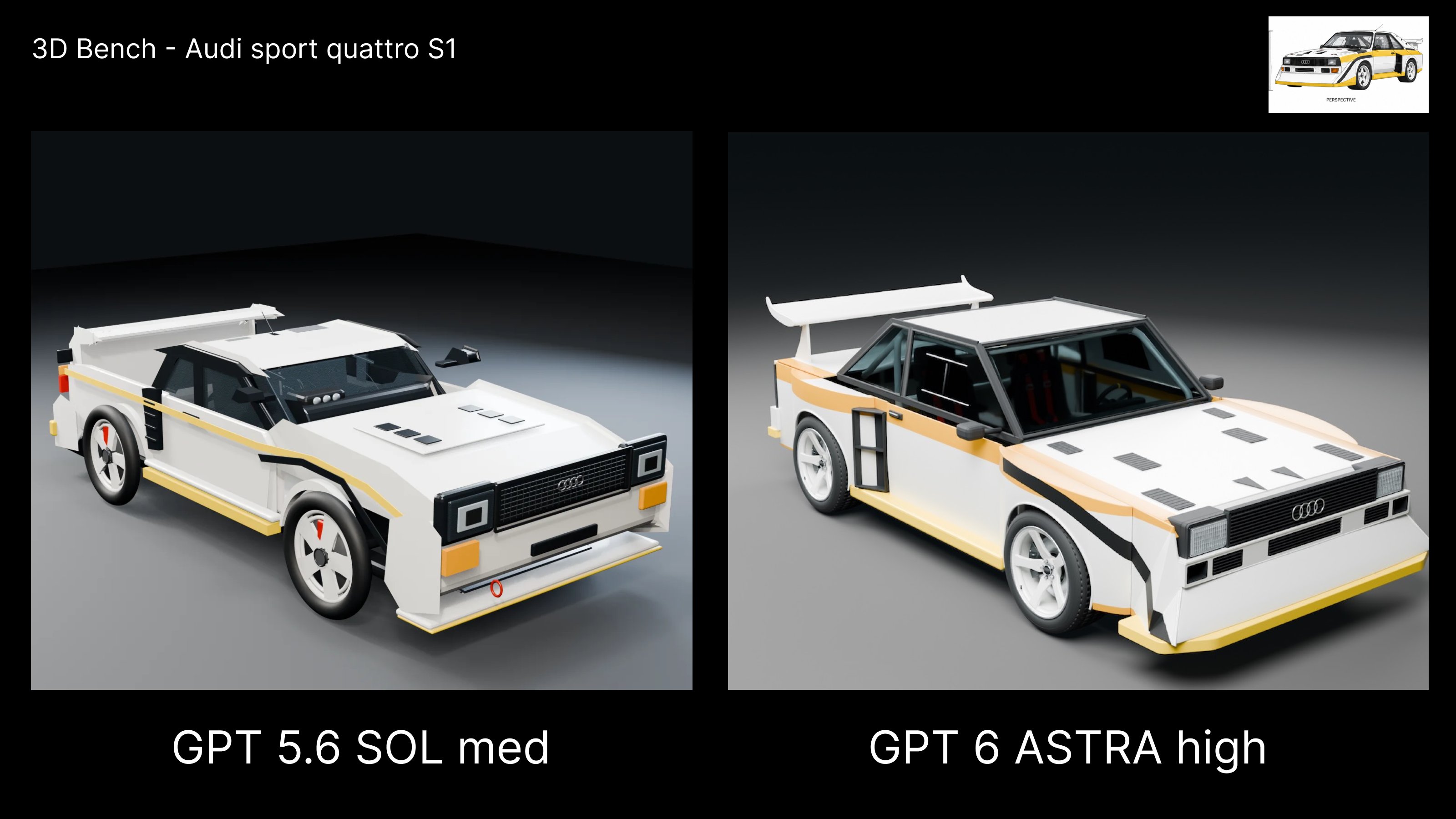 Astra 与 GPT Sol 在 Blender 里渲染奥迪 Quattro 对比