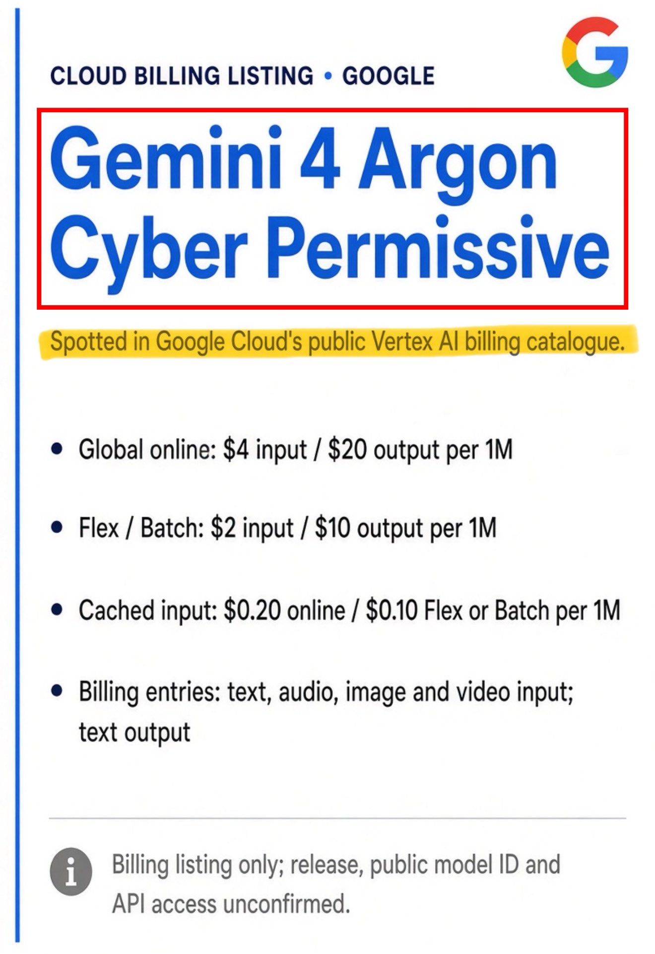 Gemini 4 Argon appears in Google Cloud public billing catalog (image 1 of 2)
