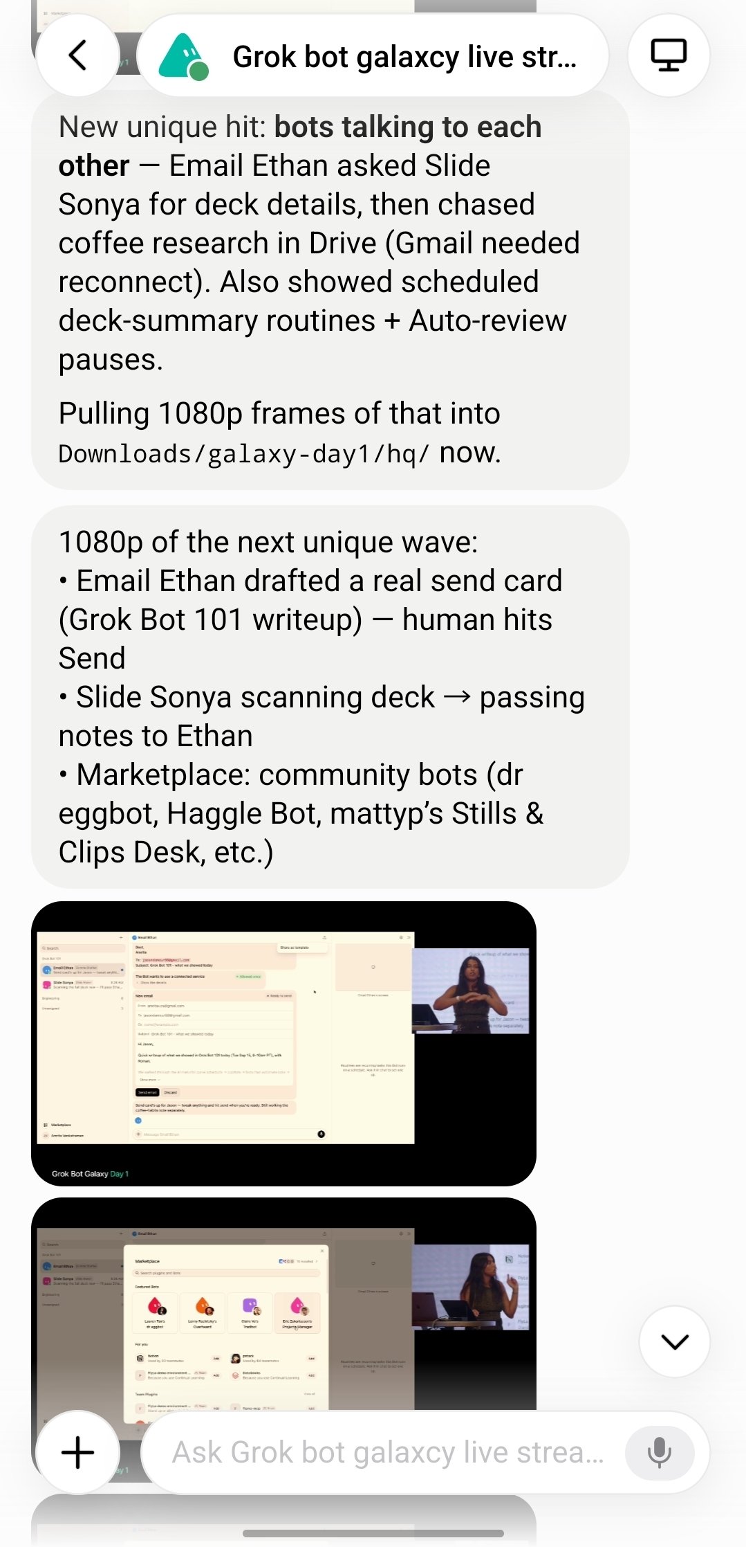 User has Grok Bot watch a Grok Bot livestream and take notes (image 2 of 2)
