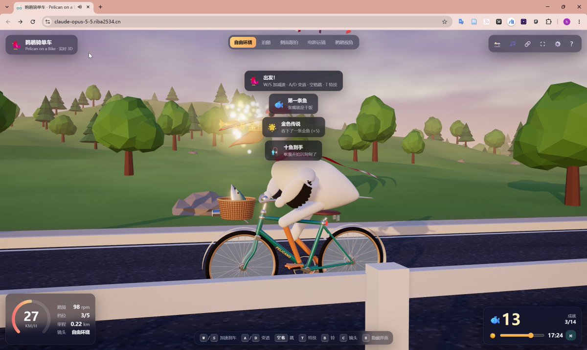Opus 5.5 turns a pelican-on-a-bicycle prompt into a real-time 3D game