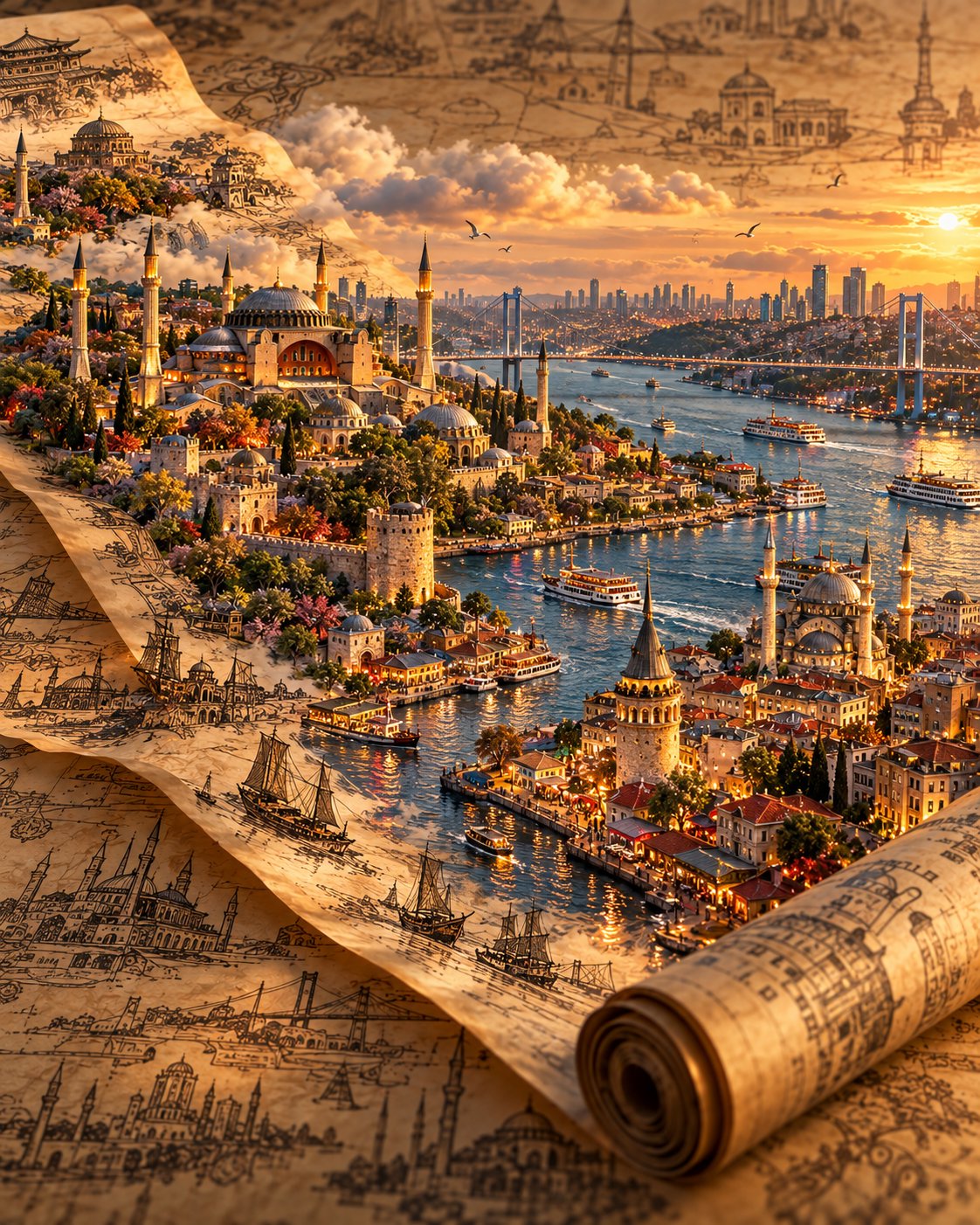 GPT Image 2.5 prompt builds 3D miniature travel posters on parchment scrolls (image 2 of 4)