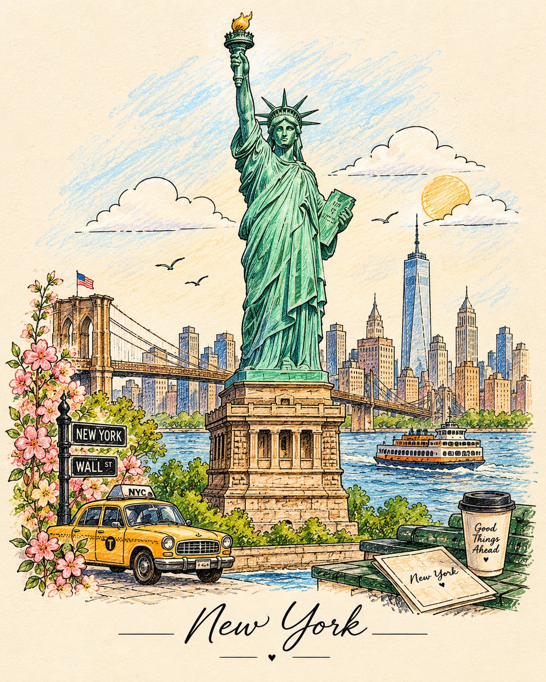 GPT Image 2.5 prompt: vintage travel coloring-book illustration