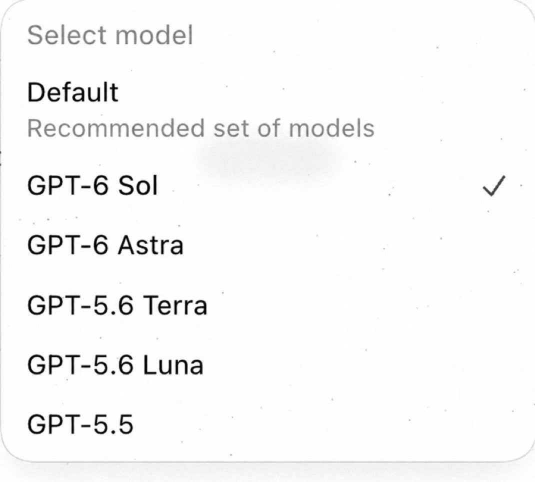 截图称部分 Pro 用户模型选择器已出现 GPT-6-Sol