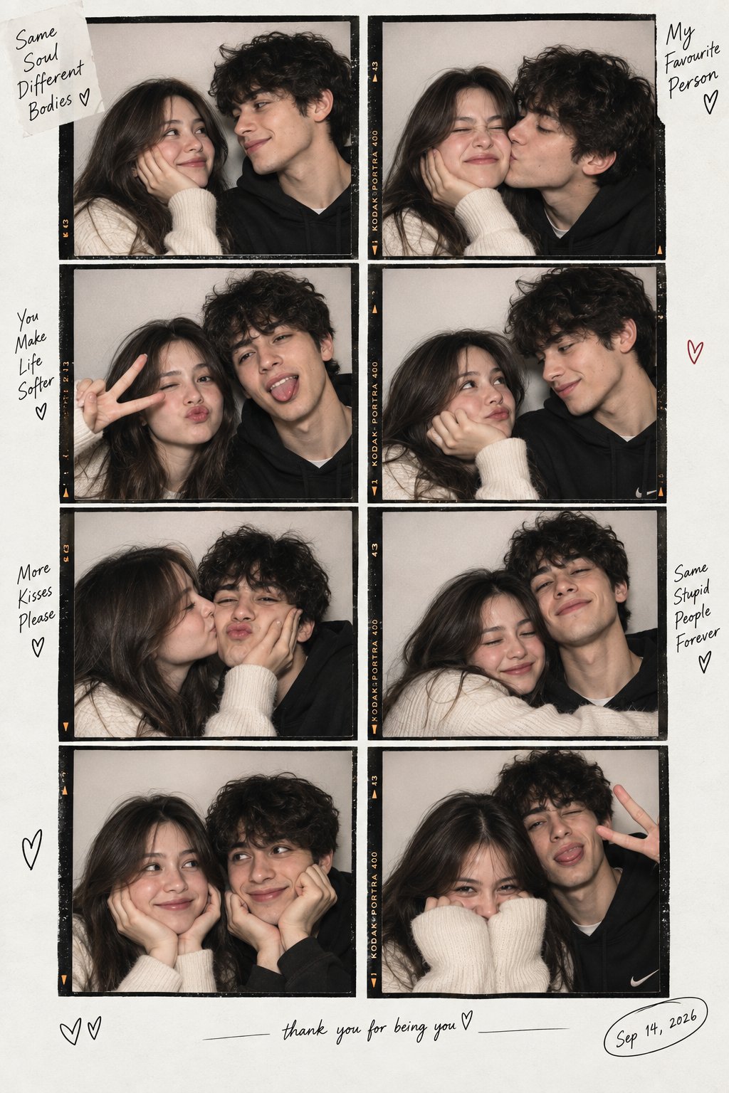 GPT Image 2.5 prompt for an eight-frame photobooth couple collage