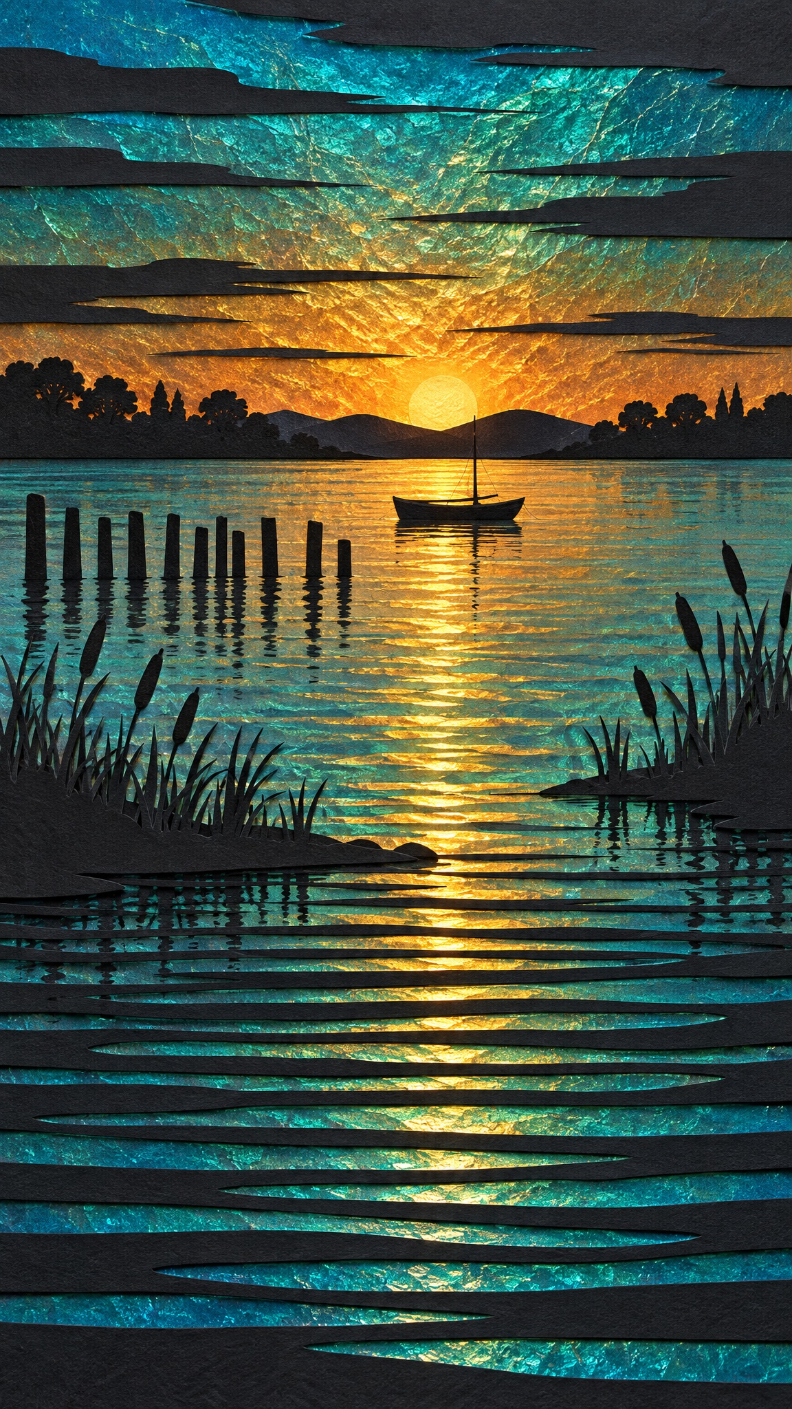 GPT Image 2.5 prompt layers black cut paper over iridescent foil for a sunset scene (image 1 of 2)