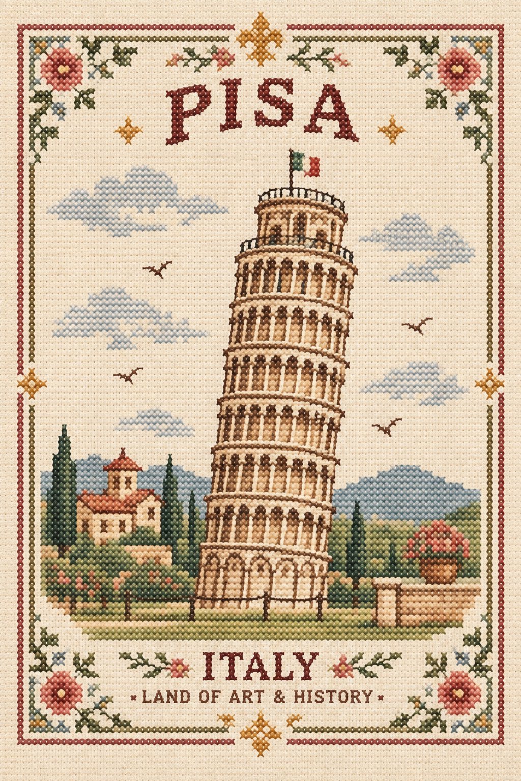 GPT Image 2.5 prompt for cross-stitch city souvenirs (image 1 of 3)