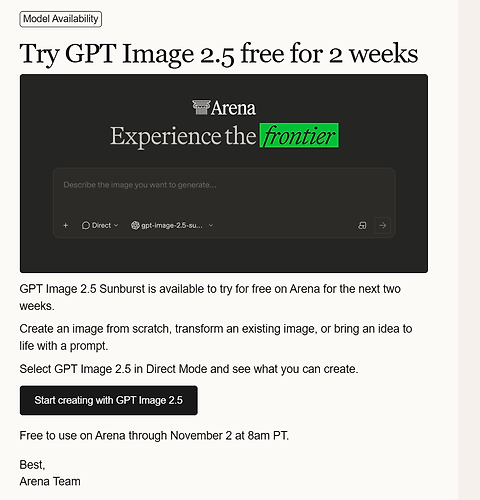 Arena 宣布 GPT Image 2.5 免费试用至 11 月 2 日