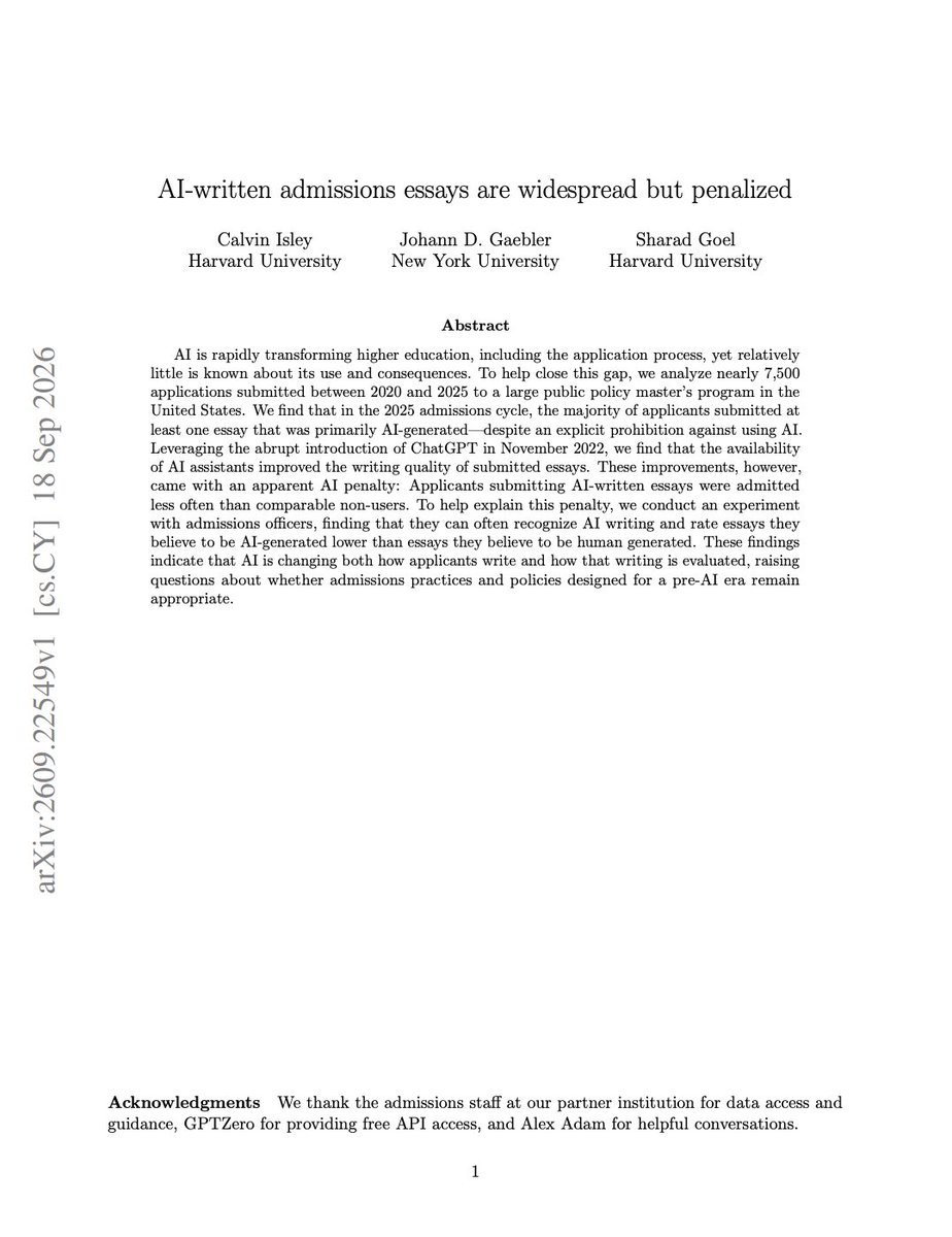 Harvard study: AI-written admissions essays are penalized