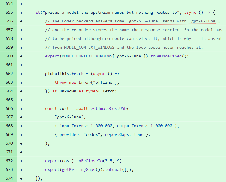 GPT-6 Luna pricing support appears in Codex code