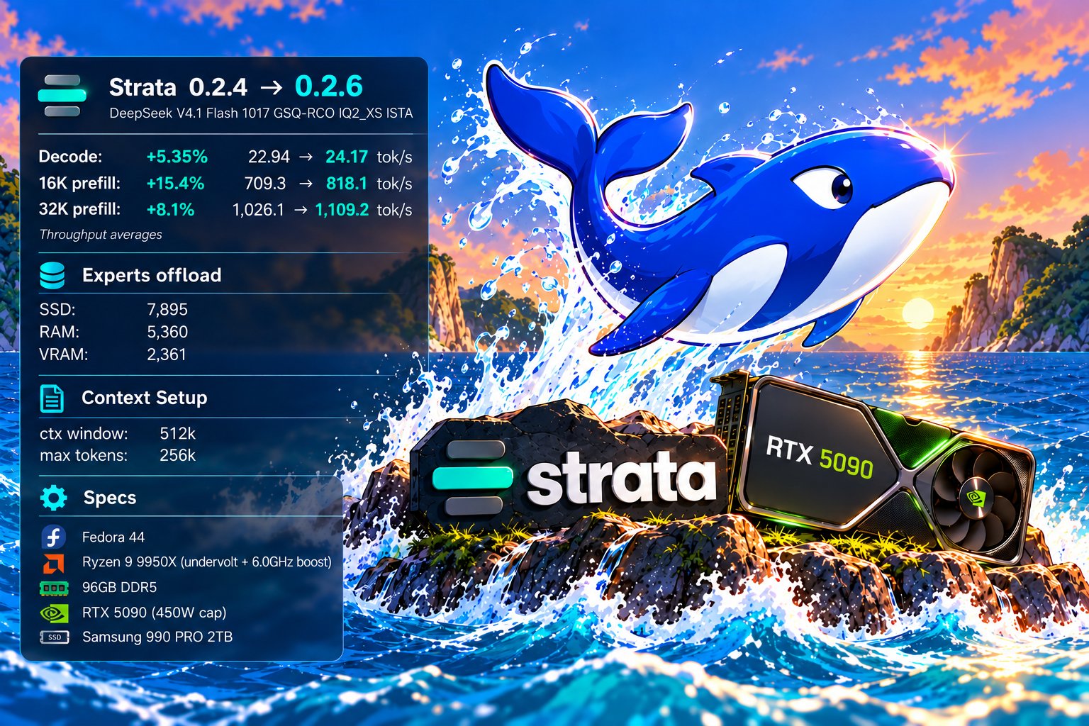 RTX 5090 上用 Strata 0.2.6 跑 DeepSeek V4.1 Flash IQ2_XS 量化