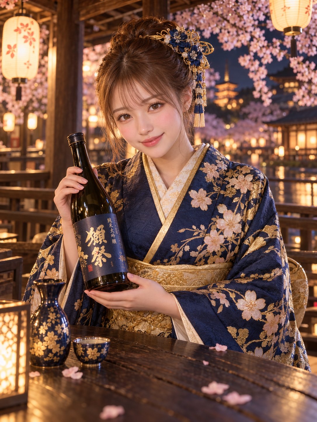 GPT Images 2.5 prompt: Kyoto night-sakura kimono portrait