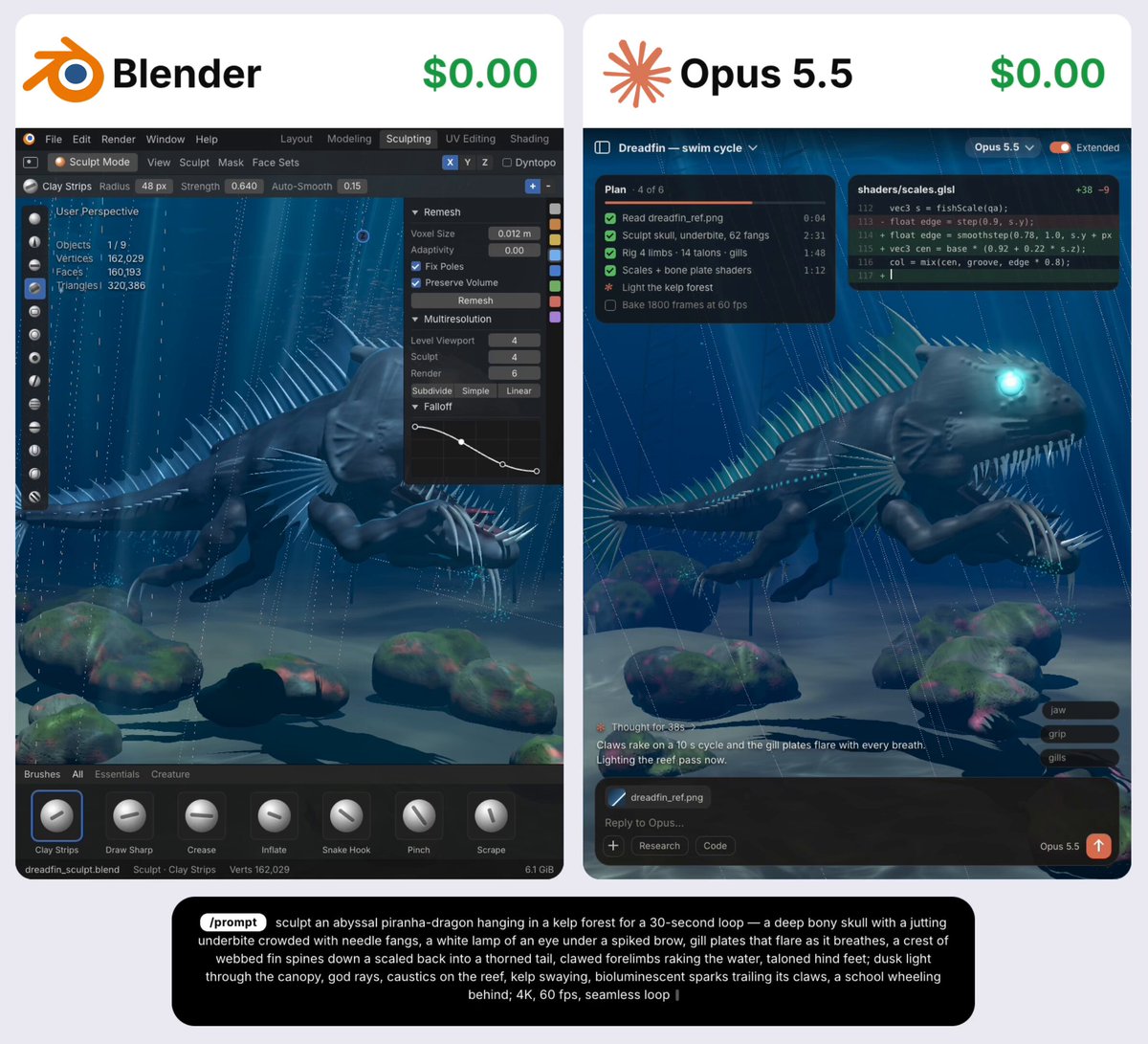 Two Opus 5.5 instances build and challenge the same Blender scene in parallel