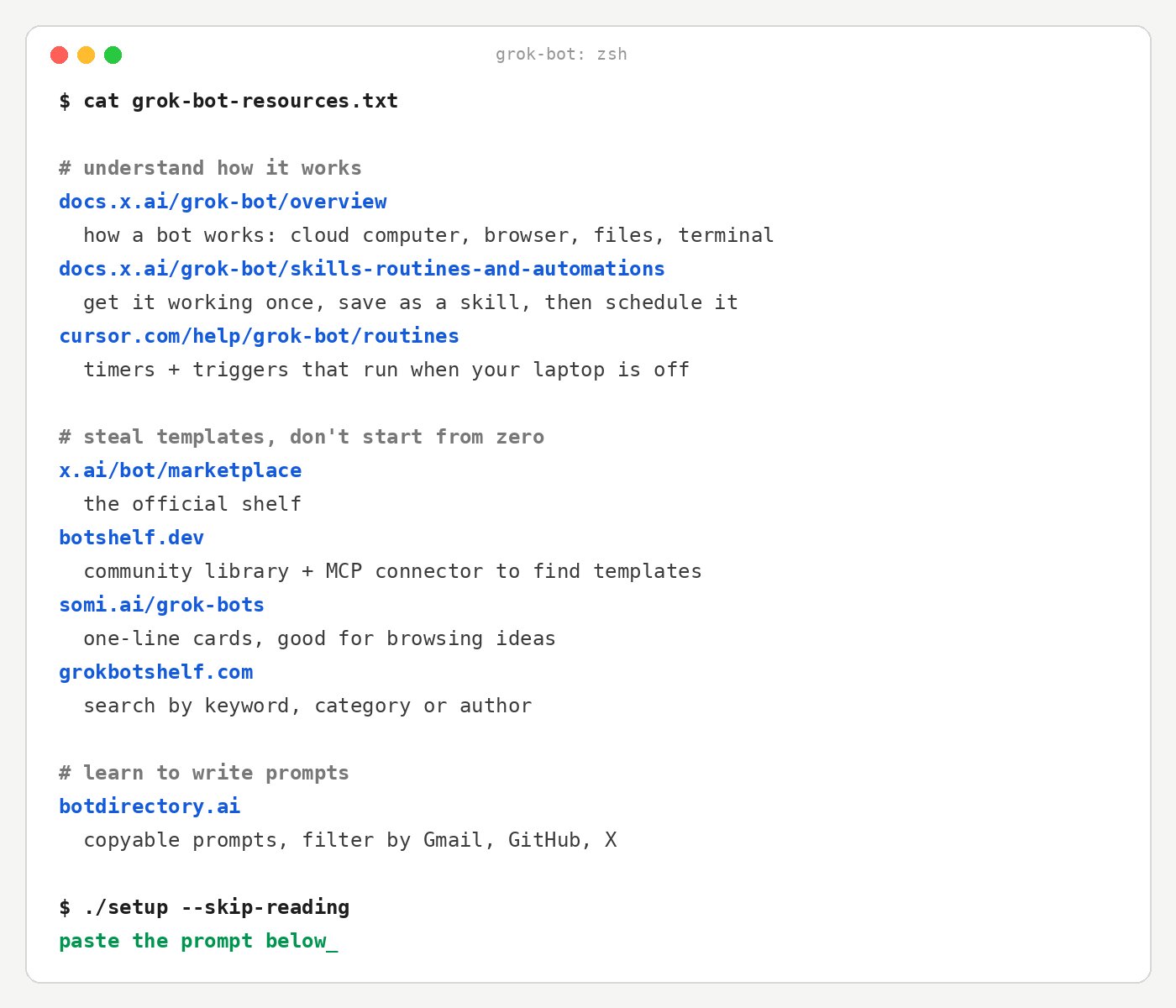 Grok Bot resource list: docs, template shelves and a starter prompt