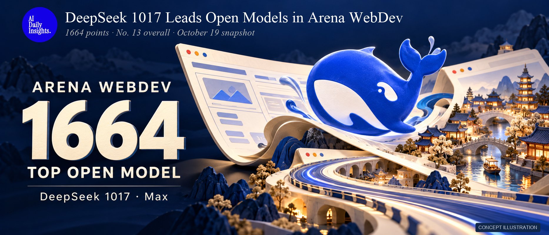 DeepSeek 1017 登顶 Arena WebDev 开源模型榜，得分 1664