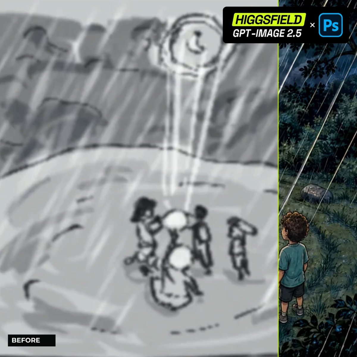 Higgsfield 官方演示：GPT Image 2.5 把漫画草稿在 Photoshop 里变成成稿