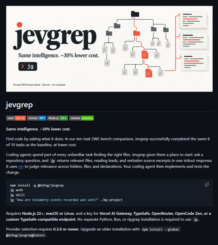 Jevgrep 让编码 agent 省 26% token 成本