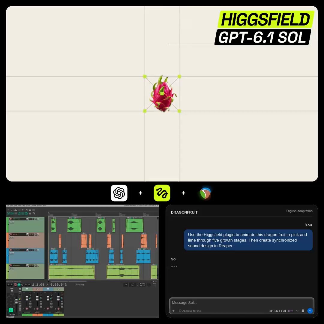 Higgsfield 官方演示 GPT-6.1 Sol 搭配 Higgsfield 做 Reaper 音效设计