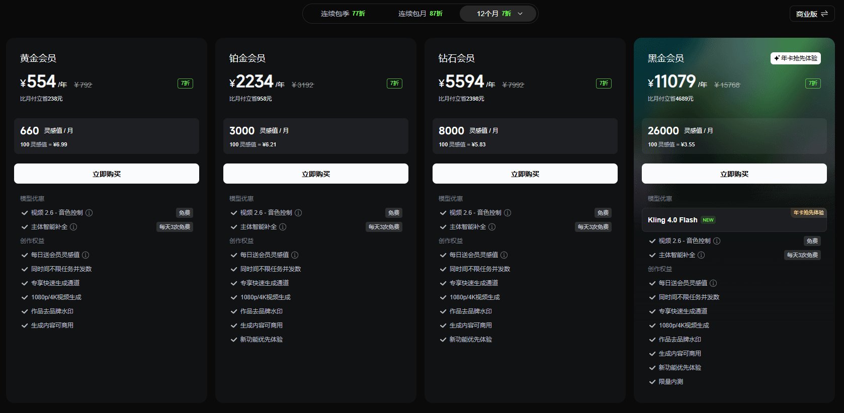 用户询问：体验 Kling 4.0 Flash 是否只能买 1.1 万元年费会员