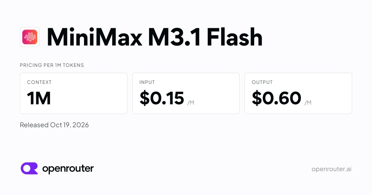 M3.1 Flash 在 OpenRouter 支持 100 万 token 单次多模态调用