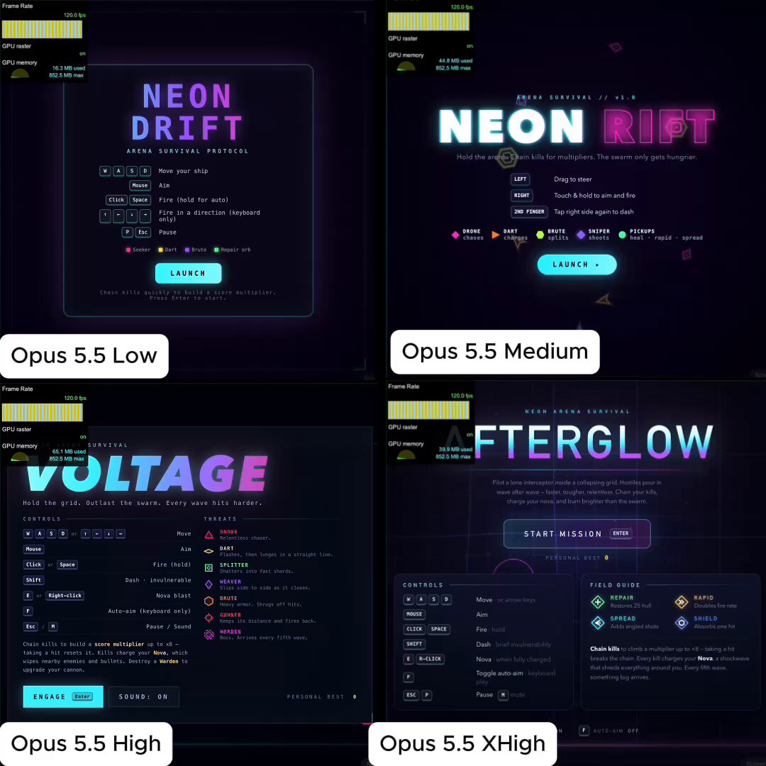 Opus 5.5 effort levels compared on the same game prompt