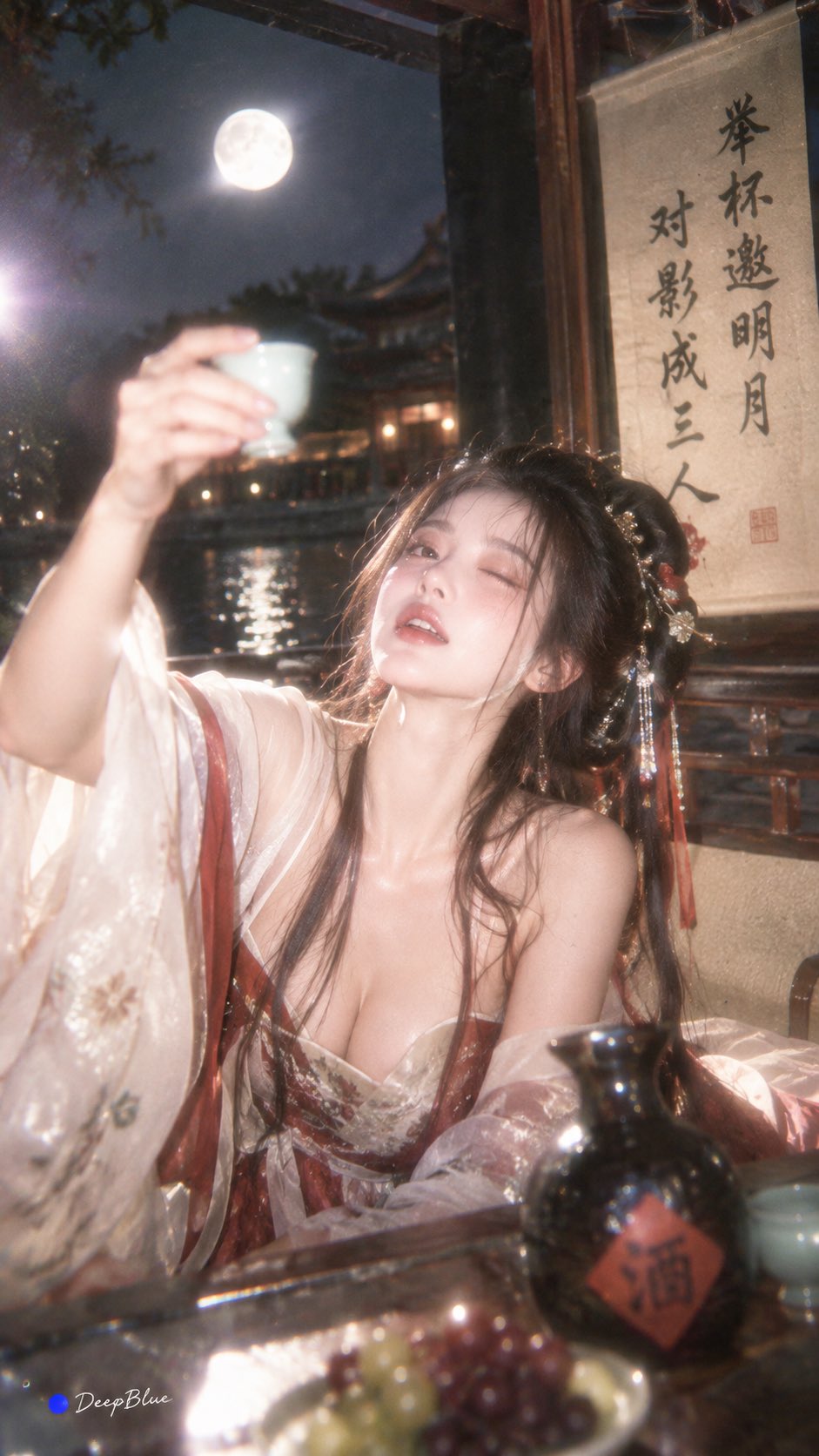 Y2K CCD direct-flash style renders a classical Chinese poem line