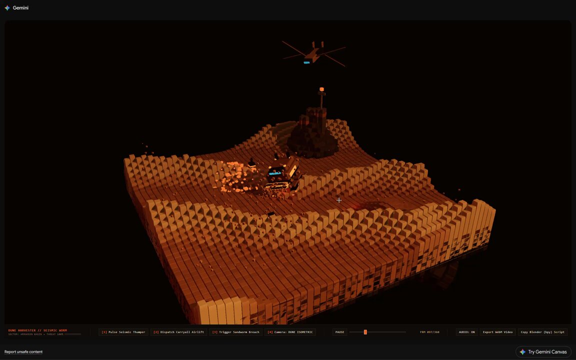 Gemini 4 Pro recreates Dune sandworm scene in voxel style