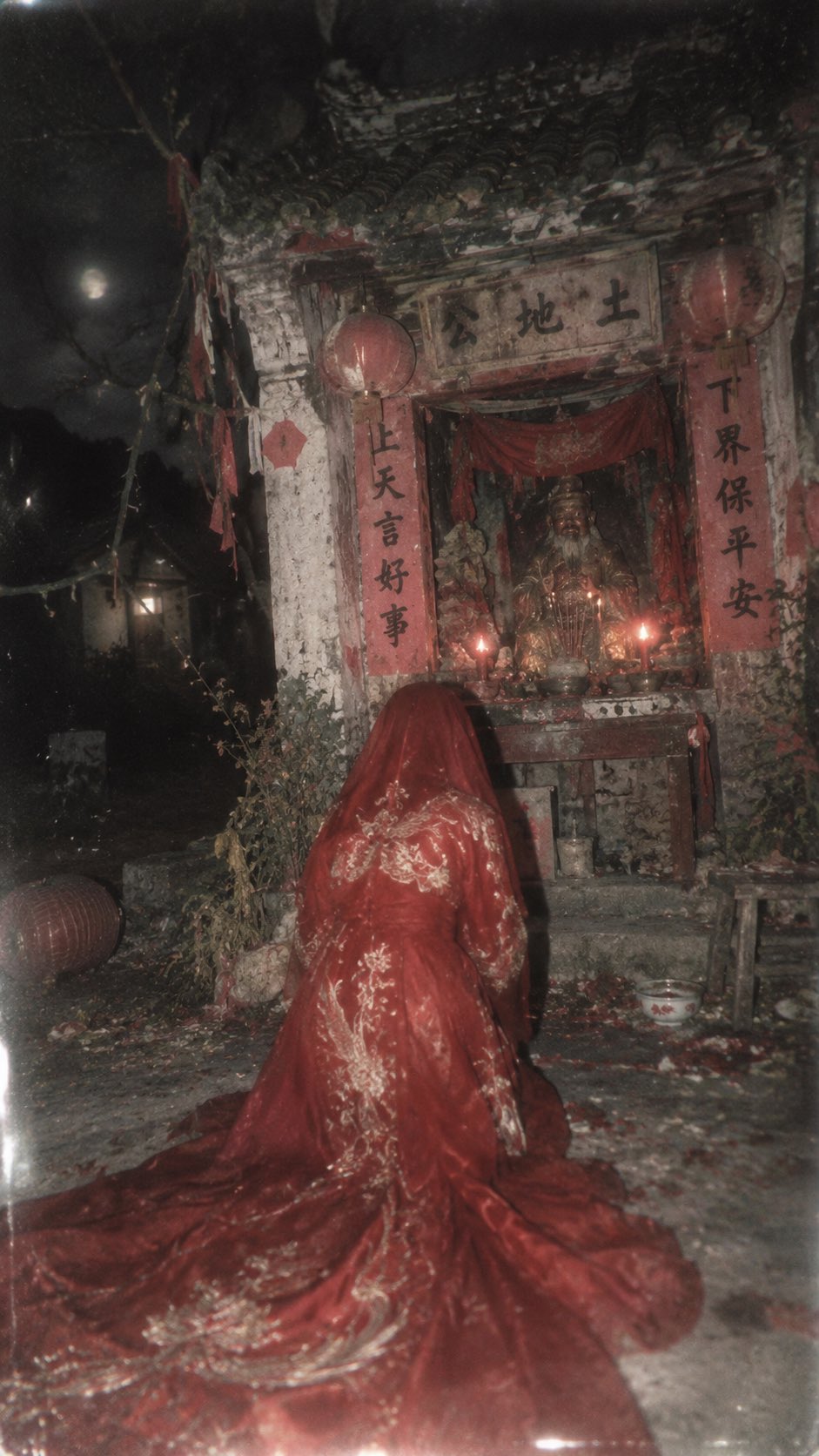 Chinese dreamcore prompt: red bride kneeling at a land temple in CCD soft-focus flash (image 2 of 2)