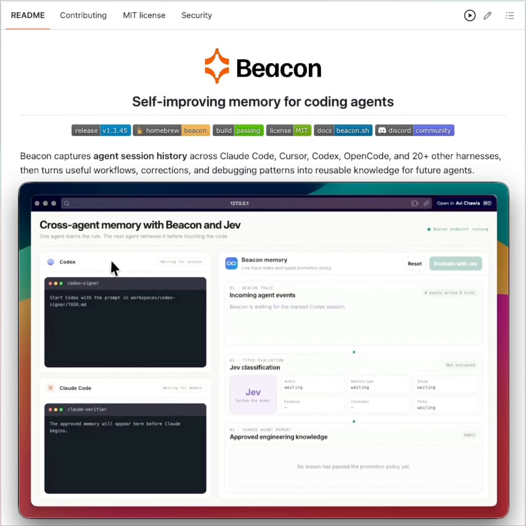 Beacon 采集多工具会话，Jev 提炼跨 agent 经验