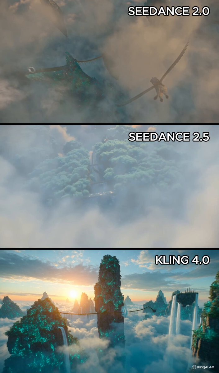 飞行穿越浮岛场景对比：Seedance 2.0/2.5 vs Kling 4.0