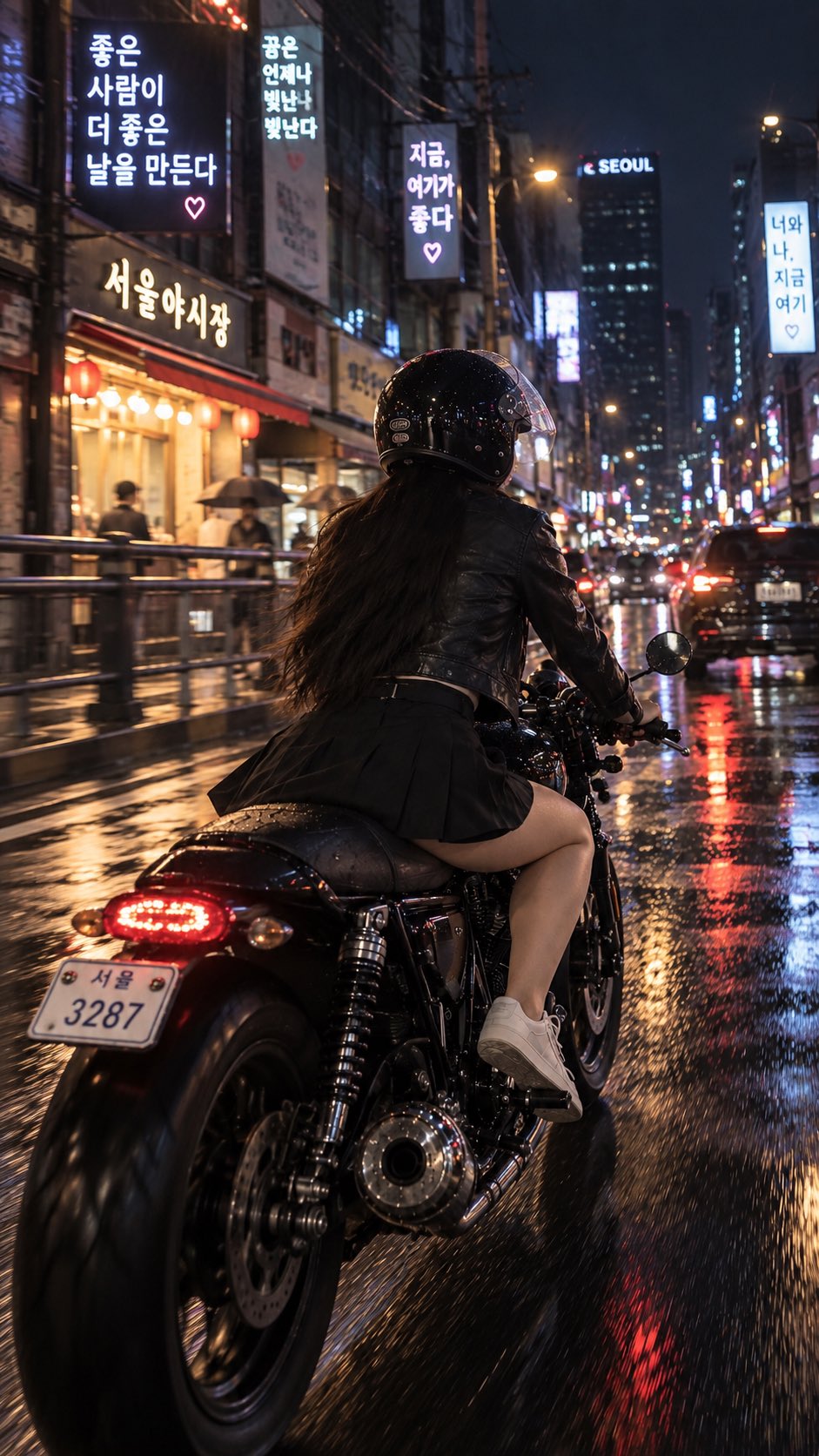 ChatGPT 应用内 GPT Image 2.5 生成雨夜首尔机车人像(第 1 张,共 3 张)