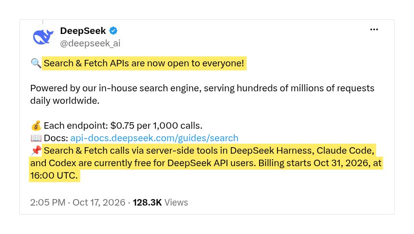 DeepSeek V4.1 Flash 1017: Search & Fetch APIs free until Nov 1