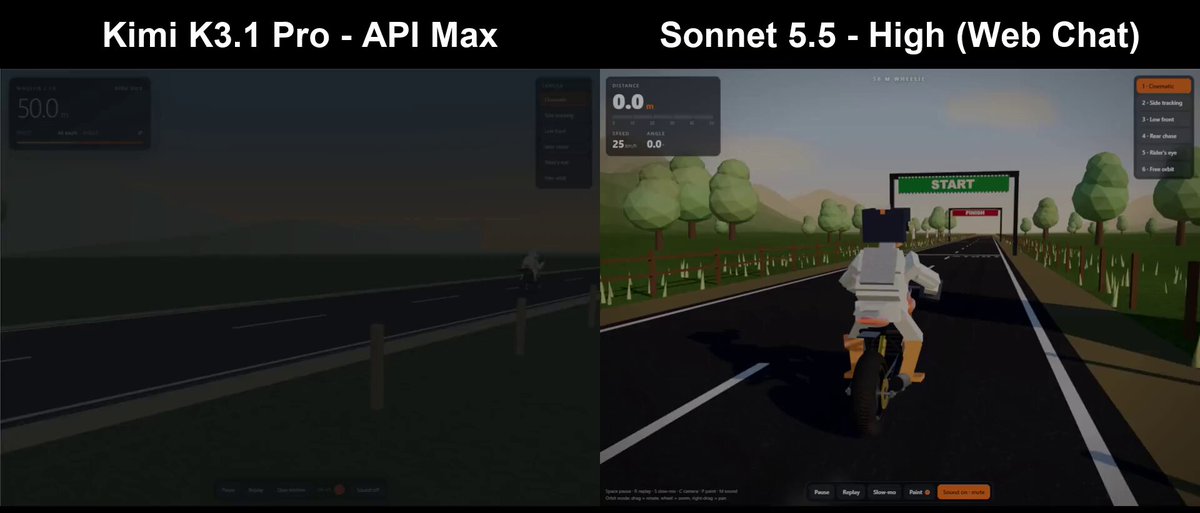 Kimi K3.1 Pro 与 Sonnet 5.5 单提示词 3D 动画对比