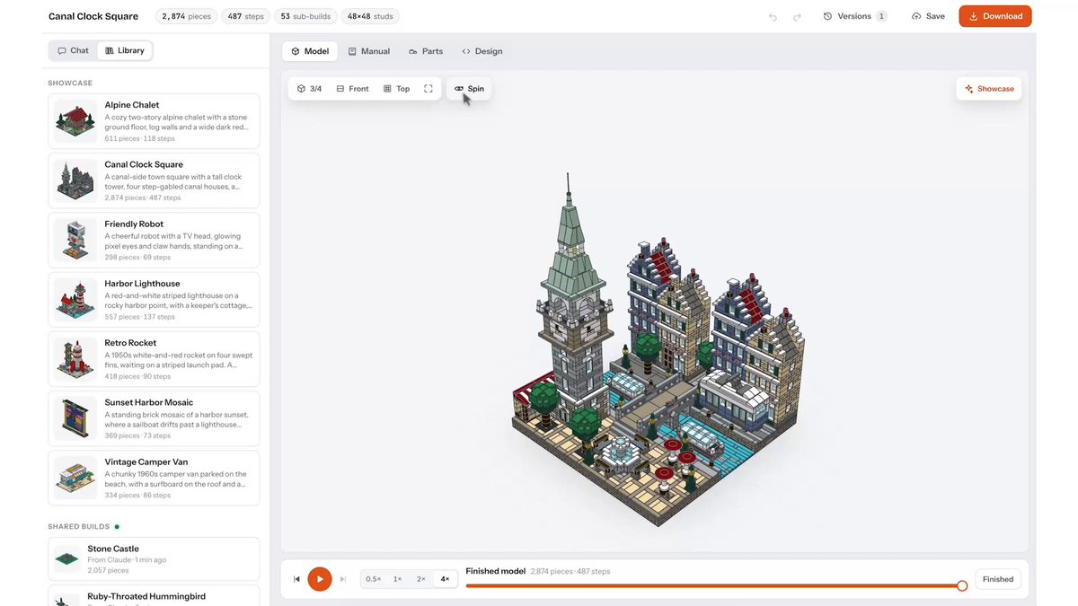Claude account demos a toy brick-building app