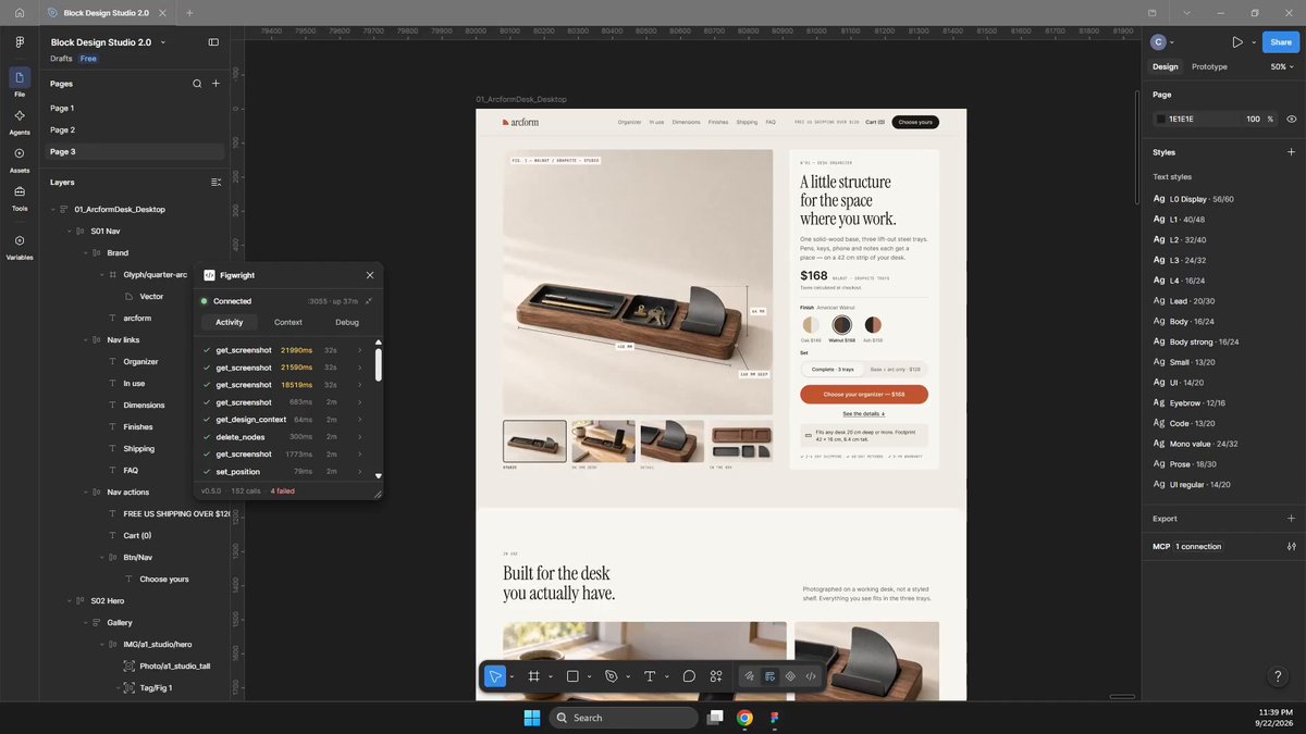 Opus 5.5 designs a single-product ecommerce landing page in Figma via MCP
