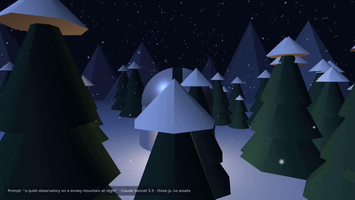 Sonnet 5.5 一句话生成 three.js 雪山天文台