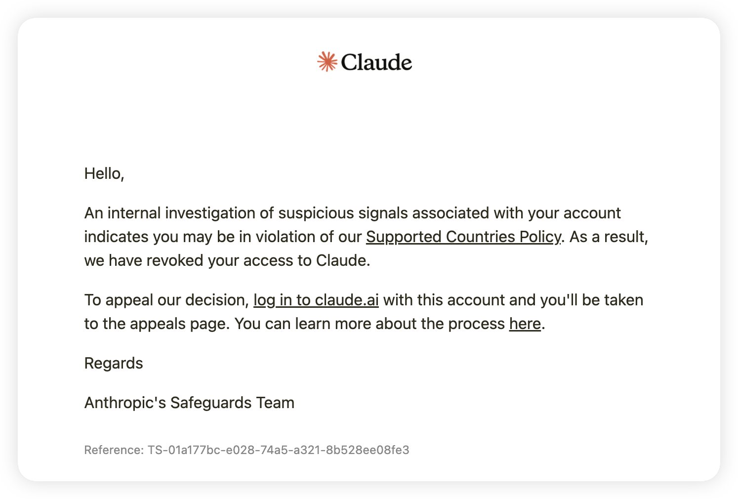 US-region Claude Pro on static IP VPS banned in under two weeks, appeal reason changed (image 1 of 2)