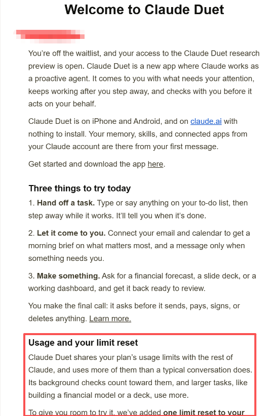 Claude Duet: one free usage reset on activation
