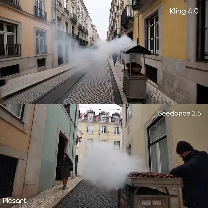 Picsart runs same Lisbon travel prompt on Seedance 2.5 and Kling 4.0