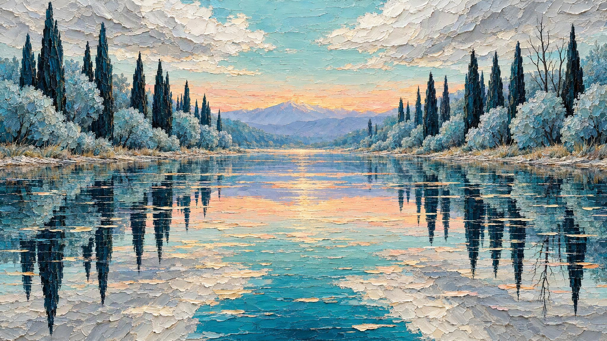 GPT Image 2.5 Flare: mirrored lake impasto painting