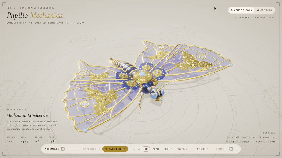 疑似 Gemini 4 Pro 用 Three.js 生成机械蝴蝶交互场景