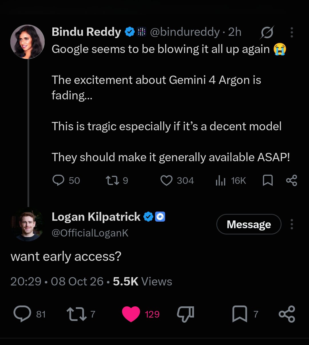 Logan Kilpatrick's "want early access?" offer fuels talk of a Gemini 4 Argon delay