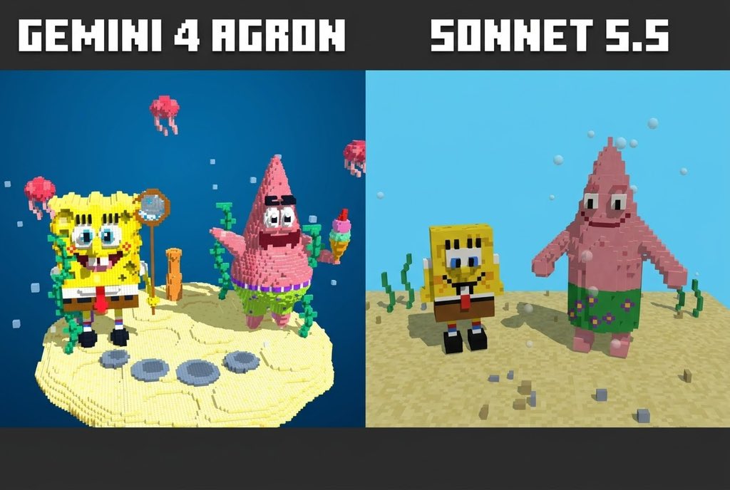 Gemini 4 Argon's voxel SpongeBob said to beat Sonnet 5.5