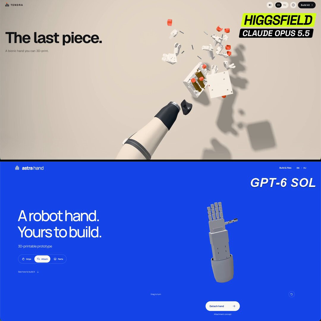 GPT-6 Sol and Opus 5.5 compared on designing a 3D-printable prosthetic hand