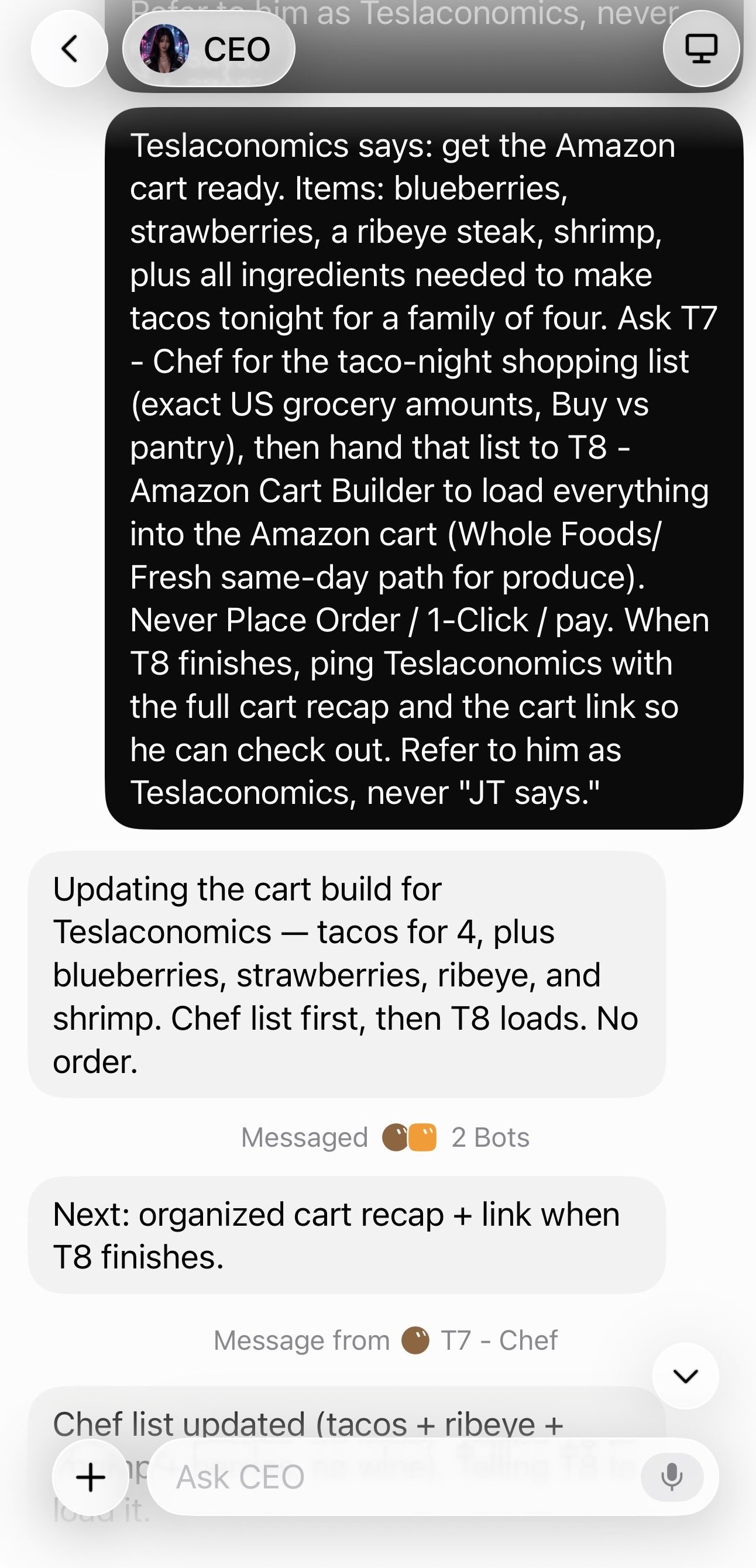 Grok Bot in Tesla: voice-directed bots place an Amazon Fresh order