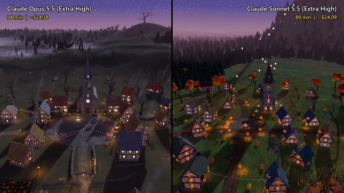 Opus 5.5 vs Sonnet 5.5: Blender Python Halloween pumpkin village