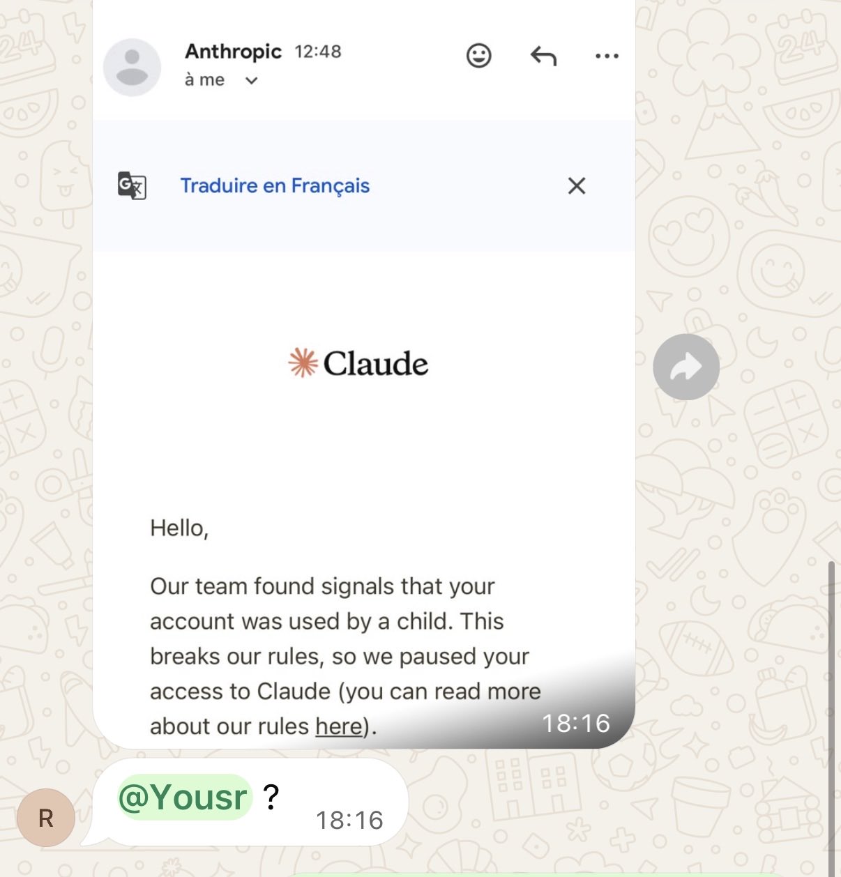 User shares image of a friend's Claude account getting banned