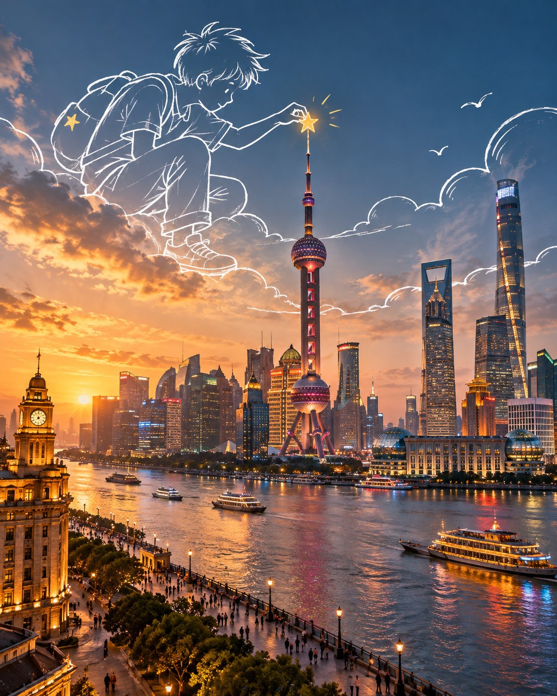 GPT Image 2.5 travel poster prompt: realistic scene with white doodles